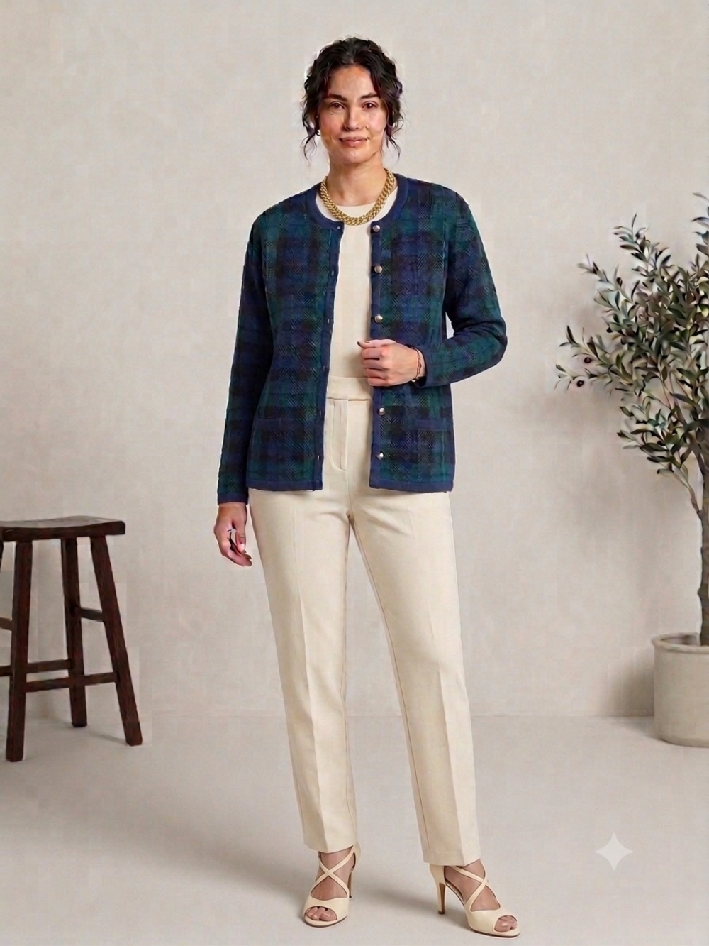 Vintage Plaid Collarless Button-Front Jacket in Navy & Green With Gold Buttons